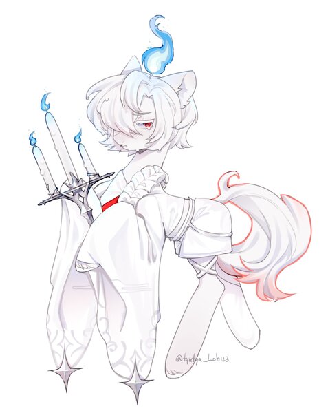 Size: 1628x2048 | Tagged: safe, artist:tyutya, derpibooru import, oc, unofficial characters only, earth pony, pony, candle, candlehead, candlestick, clothes, commission, image, jpeg, melting, robes, simple background, solo, sweat, white background