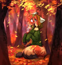 Size: 1954x2048 | Tagged: safe, artist:tyutya, derpibooru import, oc, unofficial characters only, earth pony, pony, autumn, clothes, drink, ear fluff, female, forest, hoodie, image, jpeg, leaves, mare, nature, sitting, solo, steam, tree