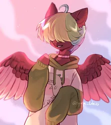 Size: 1830x2048 | Tagged: safe, artist:tyutya, derpibooru import, oc, oc:walter evans, unofficial characters only, pegasus, pony, choker, clothes, colored wings, commission, hoodie, image, jpeg, male, stallion, wings