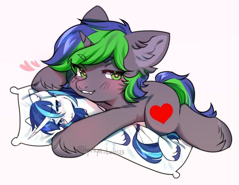 Size: 1314x1016 | Tagged: safe, artist:tyutya, derpibooru import, oc, oc:sparky starfall, pony, unicorn, blushing, body pillow, ear fluff, heart, heart eyes, horn, image, jpeg, lying down, male, prone, simple background, stallion, unshorn fetlocks, white background, wingding eyes