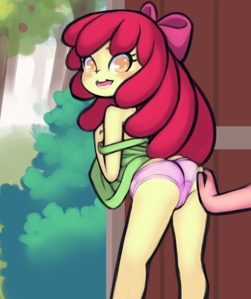 Size: 981x1165 | Tagged: questionable, artist:drantyno, banned from derpibooru, ponerpics import, ponybooru import, apple bloom, big macintosh, human, equestria girls, adorabloom, applecest, bloom butt, blushing, bush, butt, butt grab, butt touch, cameltoe, clothes, cute, door, female, grope, image, incest, lolicon, looking back, macbloom, male, offscreen character, open mouth, panties, png, shipping, straight, strap slip, tree, underage, underwear