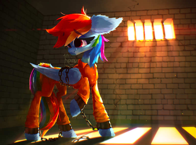 Size: 4050x3000 | Tagged: safe, artist:kainy, derpibooru import, rainbow dash, pegasus, pony, chained, chains, clothes, cuffs, image, jail, png, prison outfit, prisoner, prisoner rd, solo