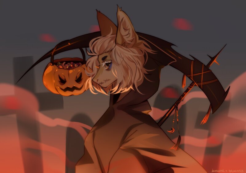 Size: 1798x1262 | Tagged: safe, artist:tyutya, derpibooru import, oc, unofficial characters only, earth pony, pony, candy, cloak, clothes, commission, costume, ear fluff, food, graveyard, halloween, halloween costume, holiday, hood, image, jpeg, pumpkin bucket, scythe, solo, stitched mouth, ych result