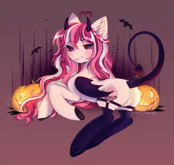Size: 2103x2000 | Tagged: suggestive, artist:tyutya, derpibooru import, oc, unofficial characters only, demon, demon pony, original species, pony, blushing, braid, butt, devil tail, ear fluff, featureless crotch, female, garters, halloween, holiday, image, jack-o-lantern, jpeg, looking at you, looking back, looking back at you, mare, plot, pumpkin, solo, sparkly eyes, tail, tongue out, wingding eyes