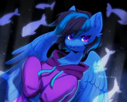 Size: 2048x1638 | Tagged: safe, artist:tyutya, derpibooru import, oc, unofficial characters only, pegasus, pony, abstract background, chest fluff, clothes, ear fluff, eye clipping through hair, eyebrows, eyebrows visible through hair, fangs, hoodie, image, jpeg, solo