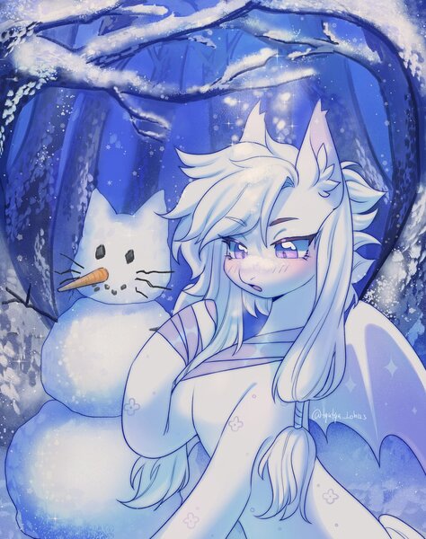 Size: 1618x2048 | Tagged: safe, artist:tyutya, derpibooru import, oc, unofficial characters only, bat pony, pony, bandage, ear fluff, female, forest, image, jpeg, mare, nature, snow, snow on nose, snowman, solo, tree, winter