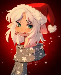 Size: 1653x2024 | Tagged: safe, artist:tyutya, derpibooru import, oc, unofficial characters only, pony, unicorn, abstract background, broken horn, candy, candy cane, christmas, clothes, female, food, hat, holiday, horn, image, jpeg, mare, santa hat, scarf, solo