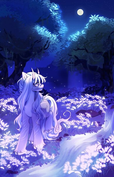 Size: 1325x2048 | Tagged: safe, artist:tyutya, derpibooru import, oc, unofficial characters only, original species, pony, curved horn, detailed background, ear fluff, female, full moon, horn, horns, image, jpeg, mare, moon, night, river, scenery, solo, stream, tree, unshorn fetlocks, water