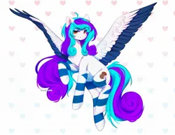 Size: 2048x1580 | Tagged: safe, artist:tyutya, derpibooru import, oc, unofficial characters only, pegasus, pony, abstract background, clothes, colored wings, commission, ear fluff, female, image, jpeg, mare, socks, striped socks, wings