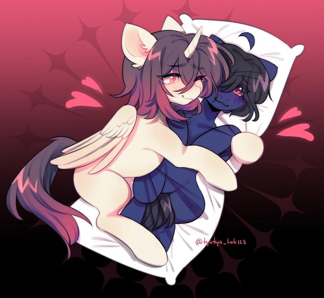 Size: 2048x1886 | Tagged: safe, artist:tyutya, derpibooru import, oc, unofficial characters only, alicorn, pony, abstract background, blushing, body pillow, commission, ear fluff, female, heart, heart eyes, hug, image, jpeg, mare, one eye closed, wingding eyes, wink