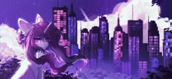 Size: 2048x941 | Tagged: safe, artist:tyutya, derpibooru import, oc, unofficial characters only, pony, unicorn, city, cityscape, detailed background, ear fluff, female, horn, image, jpeg, mare, night, solo, stars