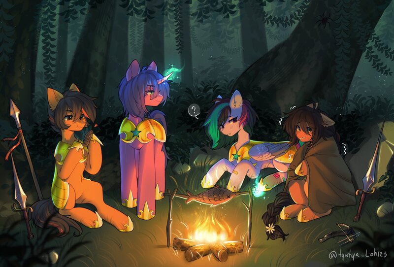 Size: 2048x1387 | Tagged: safe, artist:tyutya, derpibooru import, oc, unofficial characters only, earth pony, fish, pegasus, pony, unicorn, armor, bandaid, blanket, braid, braided tail, campfire, commission, cooking, crossbow, detailed background, female, fire, food, forest, hoof shoes, horn, image, jpeg, magic, male, mare, meat, nature, ponies eating meat, ponies eating seafood, royal guard armor, seafood, spear, stallion, sword, tail, telekinesis, tree, weapon