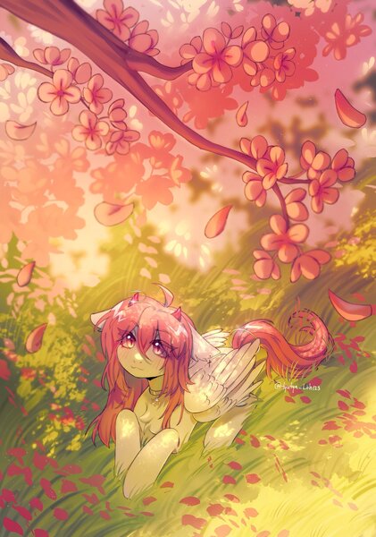 Size: 1438x2048 | Tagged: safe, artist:tyutya, derpibooru import, oc, unofficial characters only, original species, pony, cherry blossoms, cherry tree, chest fluff, choker, ear fluff, ear piercing, earring, eye clipping through hair, eyebrows, eyebrows visible through hair, female, flower, flower blossom, halo, horns, image, jewelry, jpeg, looking up, lying down, mare, multiple wings, piercing, prone, solo, tree, wings