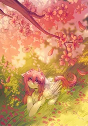 Size: 1438x2048 | Tagged: safe, artist:tyutya, derpibooru import, oc, unofficial characters only, original species, pony, cherry blossoms, cherry tree, chest fluff, choker, ear fluff, ear piercing, earring, eye clipping through hair, eyebrows, eyebrows visible through hair, female, flower, flower blossom, halo, horns, image, jewelry, jpeg, looking up, lying down, mare, multiple wings, piercing, prone, solo, tree, wings