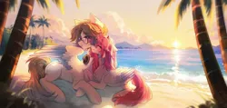 Size: 2048x976 | Tagged: safe, artist:tyutya, derpibooru import, oc, unofficial characters only, pegasus, pony, beach, chest fluff, colored wings, commission, cuddling, detailed background, duo, female, glasses, headphones, horns, image, jpeg, lying down, male, mare, oc x oc, ocean, palm tree, prone, shipping, stallion, straight, tree, water, wings