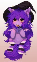 Size: 1210x2048 | Tagged: safe, artist:tyutya, derpibooru import, oc, oc:vaspira, unofficial characters only, bat pony, pony, chest fluff, choker, clothes, ear fluff, female, gradient background, hat, image, jpeg, mare, socks, solo, witch hat