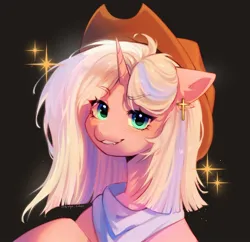 Size: 2048x1986 | Tagged: safe, artist:tyutya, derpibooru import, oc, unofficial characters only, pony, unicorn, cowboy hat, ear piercing, earring, eyebrows, eyebrows visible through hair, gray background, hat, horn, image, jewelry, jpeg, neckerchief, piercing, simple background