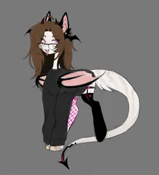 Size: 1686x1852 | Tagged: safe, artist:tyutya, derpibooru import, oc, oc:tyutya, unofficial characters only, demon, demon pony, original species, pony, clothes, devil horns, eye clipping through hair, fangs, fishnet clothing, fishnets, garters, glasses, gray background, head wings, horns, image, jpeg, simple background, socks, solo, stockings, thigh highs, tongue out, wings
