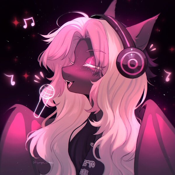 Size: 1200x1200 | Tagged: safe, artist:tyutya, derpibooru import, oc, unofficial characters only, bat pony, pony, bust, clothes, eyes closed, female, freckles, headphones, image, jewelry, jpeg, mare, microphone, necklace, singing, solo