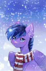Size: 2649x4096 | Tagged: safe, artist:tyutya, derpibooru import, oc, unofficial characters only, pegasus, pony, abstract background, cheek fluff, clothes, ear fluff, image, jpeg, male, scarf, snow, solo, stallion
