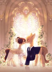 Size: 2869x4000 | Tagged: safe, artist:tyutya, derpibooru import, oc, unofficial characters only, pony, church, clothes, dress, duo, ear piercing, earring, female, image, jewelry, jpeg, looking at each other, looking at someone, male, mare, marriage, necktie, oc x oc, piercing, shipping, stained glass, stallion, straight, suit, wedding, wedding dress