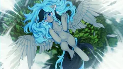 Size: 4096x2313 | Tagged: semi-grimdark, artist:tyutya, derpibooru import, oc, unofficial characters only, pegasus, pony, chest fluff, crying, ear fluff, ear piercing, earring, falling, female, fishnet clothing, forest, image, imminent death, injured wing, jewelry, jpeg, mare, nature, piercing, tree, underhoof, wings