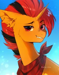 Size: 1692x2160 | Tagged: safe, artist:tyutya, derpibooru import, oc, unofficial characters only, pony, unicorn, abstract background, ear fluff, eyebrows, eyebrows visible through hair, horn, image, jpeg, male, neckerchief, solo, stallion
