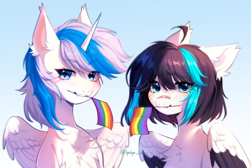 Size: 4096x2742 | Tagged: safe, artist:tyutya, derpibooru import, oc, unofficial characters only, alicorn, pegasus, pony, alicorn oc, bandaid, bandaid on nose, chest fluff, ear fluff, eye clipping through hair, eyebrows, eyebrows visible through hair, female, gradient background, horn, image, jpeg, mare, mouth hold, pride, pride flag, wings