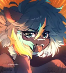 Size: 2345x2583 | Tagged: safe, artist:tyutya, derpibooru import, oc, unofficial characters only, pegasus, pony, abstract background, bandaid, bandaid on nose, fangs, female, hairclip, image, jpeg, mare, solo, tongue out