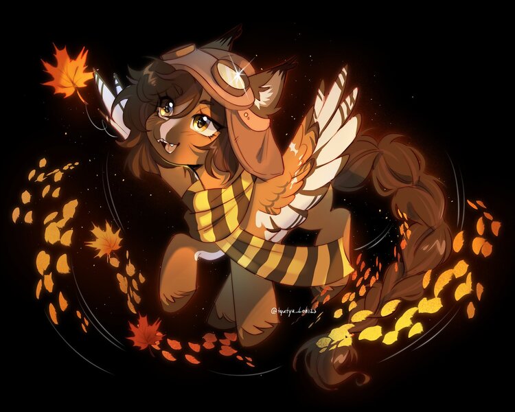 Size: 2048x1638 | Tagged: safe, artist:tyutya, derpibooru import, oc, unofficial characters only, pegasus, pony, abstract background, autumn leaves, aviator goggles, aviator hat, braid, braided tail, clothes, colored wings, ear fluff, fangs, goggles, hat, image, jpeg, leaf, leaves, scarf, tail, unshorn fetlocks, wings