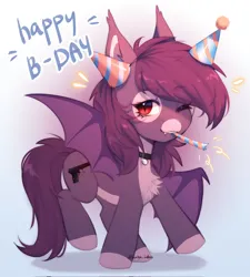 Size: 1846x2048 | Tagged: safe, artist:tyutya, derpibooru import, oc, oc:pestyskillengton, unofficial characters only, bat pony, pony, abstract background, chest fluff, choker, ear fluff, eyebrows, eyebrows visible through hair, female, hat, image, jpeg, mare, one eye closed, party hat, solo, wink