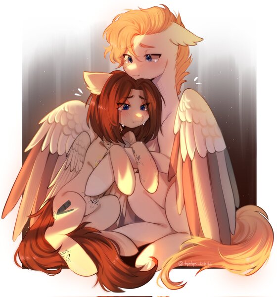 Size: 1912x2048 | Tagged: safe, artist:tyutya, derpibooru import, oc, unofficial characters only, pegasus, pony, abstract background, crying, duo, ear fluff, female, hug, image, jpeg, male, mare, oc x oc, shipping, stallion, straight, tattoo