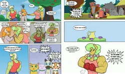 Size: 3870x2277 | Tagged: safe, artist:matchstickman, derpibooru import, goldie delicious, granny smith, pear butter, anthro, big cat, cat, earth pony, pony, tiger, comic:the other side, abs, back muscles, biceps, boxing gloves, breasts, busty goldie delicious, busty granny smith, busty pear butter, clothes, comic, cup, deltoids, dialogue, female, g4, granny smash, high res, hoard, image, jpeg, mare, matchstickman's pear buffer series, muscles, muscular female, pear buffer, pecs, speech bubble, teacup, trio, young goldie delicious, young granny smith, younger