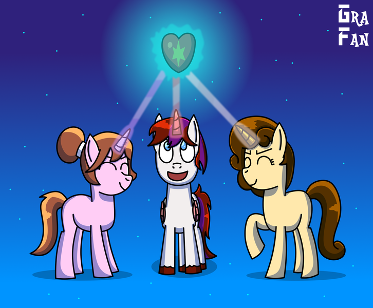 Size: 2560x2116 | Tagged: safe, artist:gradiusfanatic, derpibooru import, oc, oc:natural threads, oc:softdash, oc:star seeds, unofficial characters only, alicorn, unicorn, female, gradient background, heart, horn, image, male, png