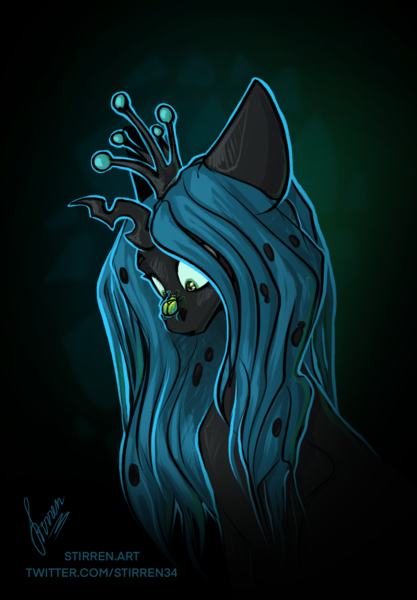 Size: 1640x2360 | Tagged: safe, artist:stirren, derpibooru import, queen chrysalis, insect, bust, cross-eyed, floppy ears, image, looking down, png, portrait