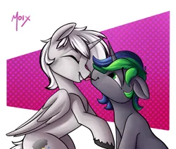 Size: 4000x3387 | Tagged: safe, artist:supermoix, derpibooru import, oc, oc:dark tempest, oc:sparky starfall, alicorn, pony, unicorn, cute, eyes closed, gay, green hair, horn, image, licking, male, pink background, png, simple background, sitting, stallion, tongue out