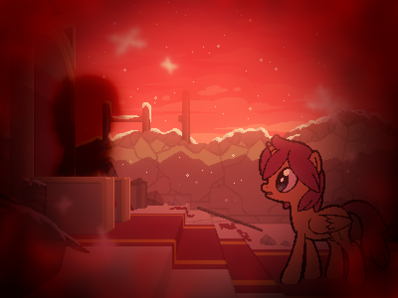 Size: 800x600 | Tagged: safe, artist:rangelost, derpibooru import, oc, oc:trailblazer, unofficial characters only, alicorn, cyoa:d20 pony, alicorn oc, cyoa, dream, duo, horn, image, pixel art, png, red sky, ruins, shadow creature, snow, snowflake, story included, throne, wings