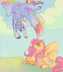 Size: 1400x1600 | Tagged: safe, artist:abbytabbys, derpibooru import, fluttershy, rainbow dash, pegasus, pony, alternate design, butterfly wings, colored wings, female, flutterdash, flying, image, jpeg, lesbian, lying down, mare, prone, scar, shipping, wings
