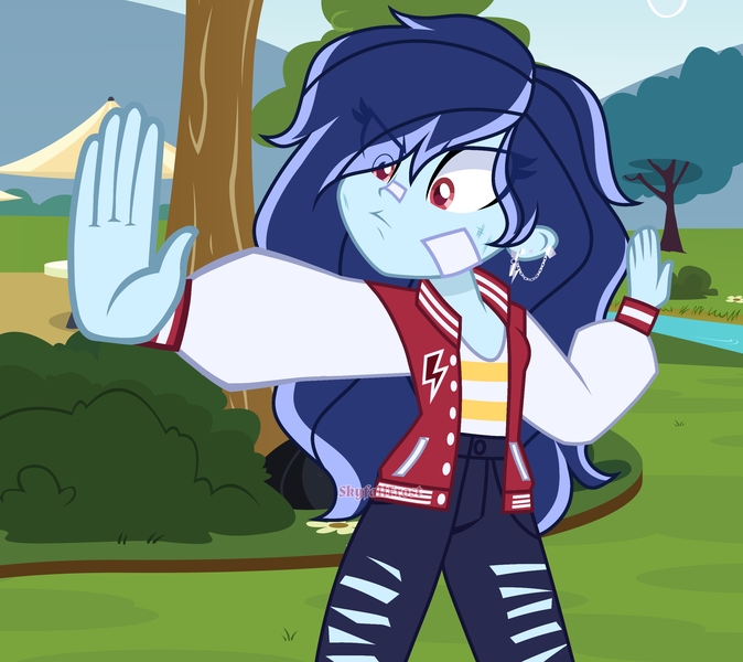 Size: 2650x2358 | Tagged: safe, artist:skyfallfrost, derpibooru import, oc, oc:sky chaser (skyfallfrost), equestria girls, clothes, female, g4, image, jacket, jpeg, pants, solo, varsity jacket