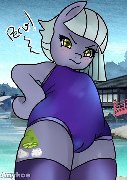 Size: 620x877 | Tagged: questionable, artist:anykoe, derpibooru import, limestone pie, earth pony, baka, blushing, cameltoe, clothes, female, g4, hot springs, house, image, looking at you, png, signature, skintight clothes, socks, solo, swimsuit, text, tight clothing, tsundere