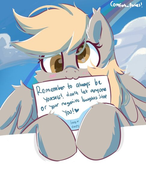 Size: 787x971 | Tagged: safe, artist:comfort_ponies, derpibooru import, derpy hooves, pegasus, pony, cloud, cute, female, g4, image, jpeg, looking at you, mare, positive ponies, rainbow, simple background, sky, solo, spread wings, text, wings