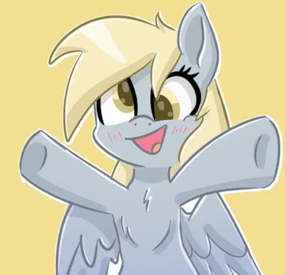 Size: 568x547 | Tagged: safe, artist:comfort_ponies, derpibooru import, derpy hooves, pegasus, pony, cute, female, g4, image, jpeg, looking at you, mare, positive ponies, simple background, smiling, solo, spread hooves, spread wings, wings, yellow background