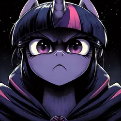 Size: 1024x1024 | Tagged: safe, ai content, derpibooru import, machine learning generated, prompter:enterusxrname, twilight sparkle, pony, unicorn, cloak, clothes, frown, g4, generator:bing image creator, generator:dall-e 3, horn, image, manga style, outdoors, png, solo, stars, stern, unicorn twilight
