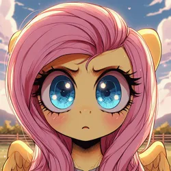 Size: 1024x1024 | Tagged: safe, ai content, derpibooru import, machine learning generated, prompter:enterusxrname, fluttershy, pegasus, pony, blushing, clothes, cute, frown, g4, generator:bing image creator, generator:dall-e 3, image, jpeg, manga style, outdoors, shyabetes, solo, spread wings, stern, wings