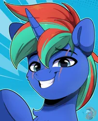 Size: 1964x2419 | Tagged: safe, artist:joaothejohn, derpibooru import, oc, oc:lapis, unofficial characters only, pony, unicorn, bust, chest fluff, commission, horn, image, jpeg, lidded eyes, looking at you, male, multicolored hair, portrait, scar, simple background, smiling, solo, stallion, unicorn oc