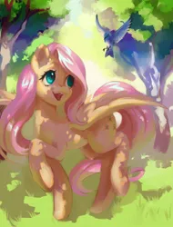 Size: 1785x2345 | Tagged: safe, artist:my-magic-dream, artist:sakuraloid, derpibooru import, fluttershy, bird, pegasus, pony, cute, dappled sunlight, female, g4, grass, high res, image, looking at something, looking up, mare, nature, open mouth, open smile, outdoors, png, raised hoof, raised leg, shyabetes, smiling, solo, spread wings, standing on two hooves, tail, tree, wings