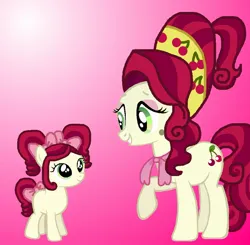 Size: 900x881 | Tagged: safe, artist:katiegirlsforever, derpibooru import, cherry jubilee, oc, oc:chi-chi, unofficial characters only, earth pony, pony, aunt, aunt and niece, blank flank, bow, cute, duo, eyeshadow, female, filly, foal, g4, gradient background, image, jpeg, jubibetes, makeup, mare, niece, pink background, raised hoof, raised leg, simple background