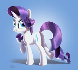 Size: 2048x1824 | Tagged: safe, artist:brdte, derpibooru import, rarity, pony, unicorn, butt, commission, female, g4, gradient background, grin, horn, image, looking at you, looking back, looking back at you, mare, plot, png, raised hoof, raised leg, rearity, signature, smiling, smiling at you, solo, standing on two hooves, tail
