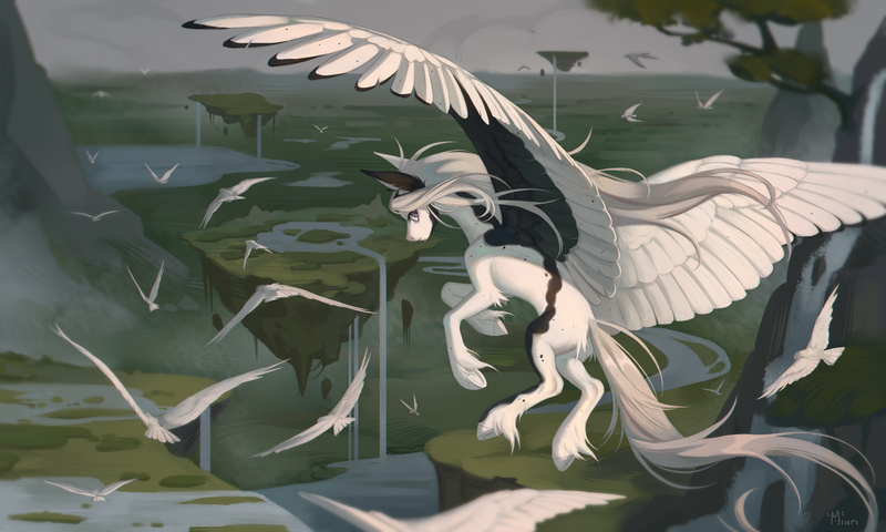 Size: 5000x3000 | Tagged: safe, artist:miurimau, derpibooru import, oc, unofficial characters only, bird, pegasus, pony, commission, female, floating island, flying, high res, hoof fluff, image, large wings, long feather, looking at you, looking back, looking back at you, mare, nature, png, scenery, solo, spread wings, tail, water, waterfall, wind, windswept mane, windswept tail, wings