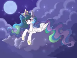 Size: 2160x1620 | Tagged: safe, artist:cursed soul, derpibooru import, princess celestia, alicorn, complex background, full body, image, moon, night, night sky, png, sky, solo, stars